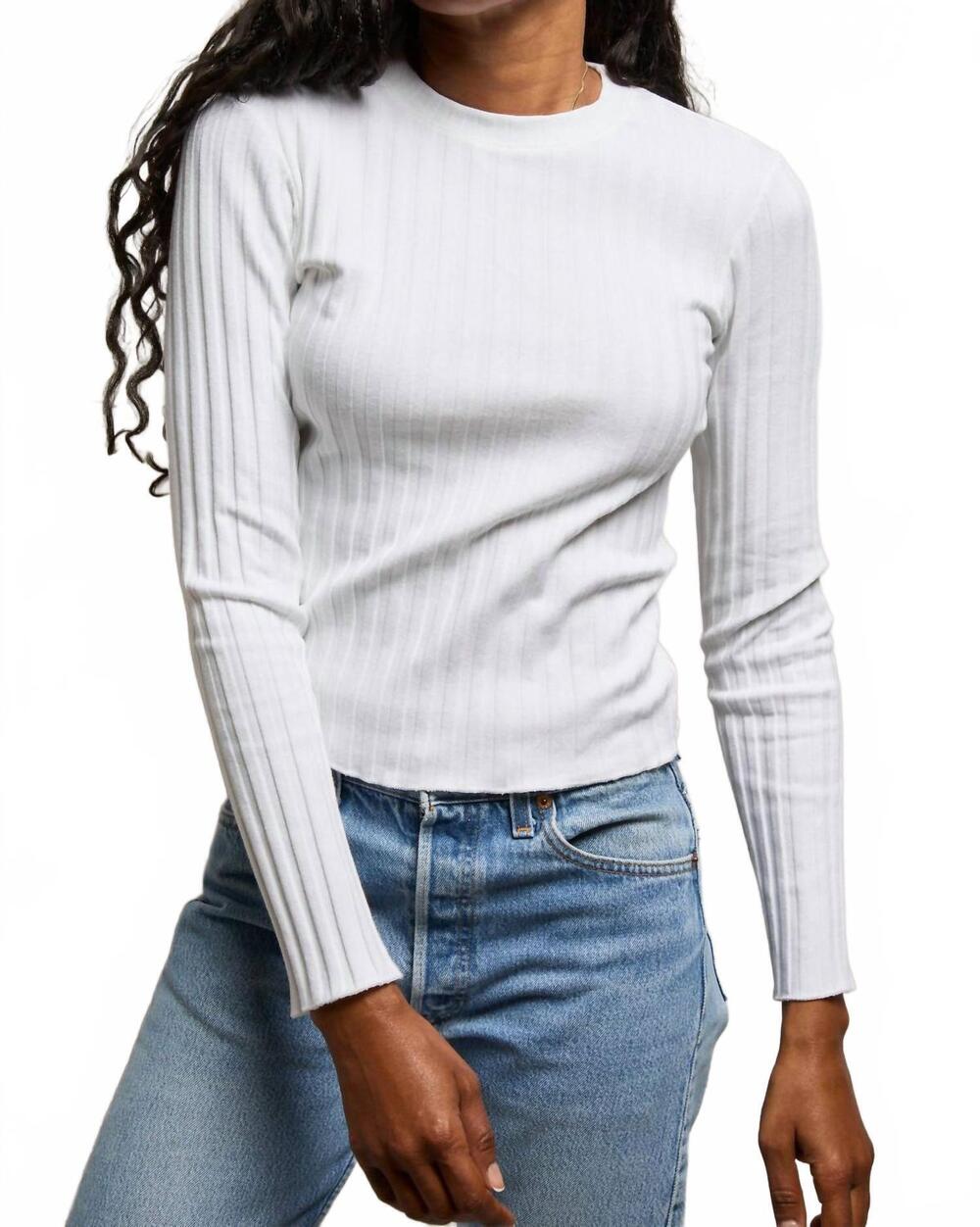 NEW PERFECTWHITETEE rowe poorboy rib crewneck long sleeve top in white